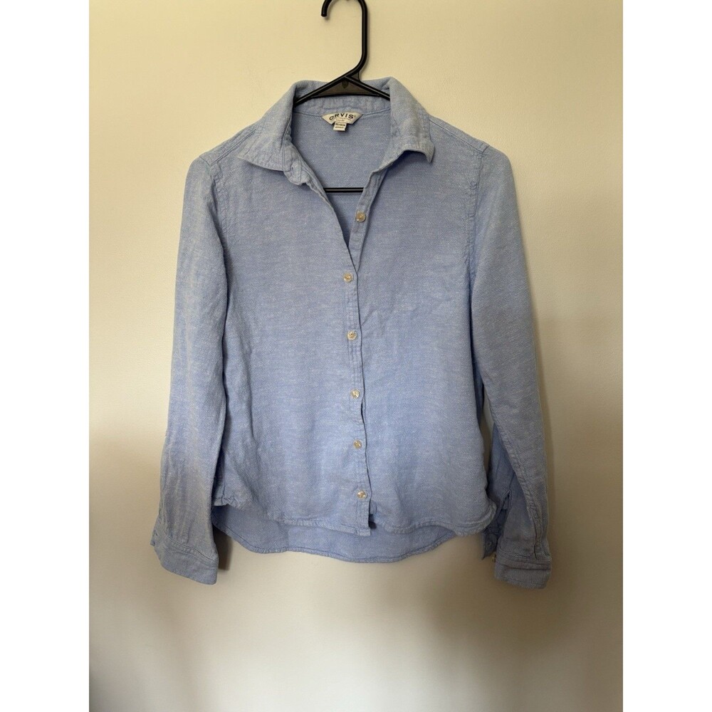 Orvis Women’s Button Up, Baby Blue Chambray, Linen Blend, Size XS